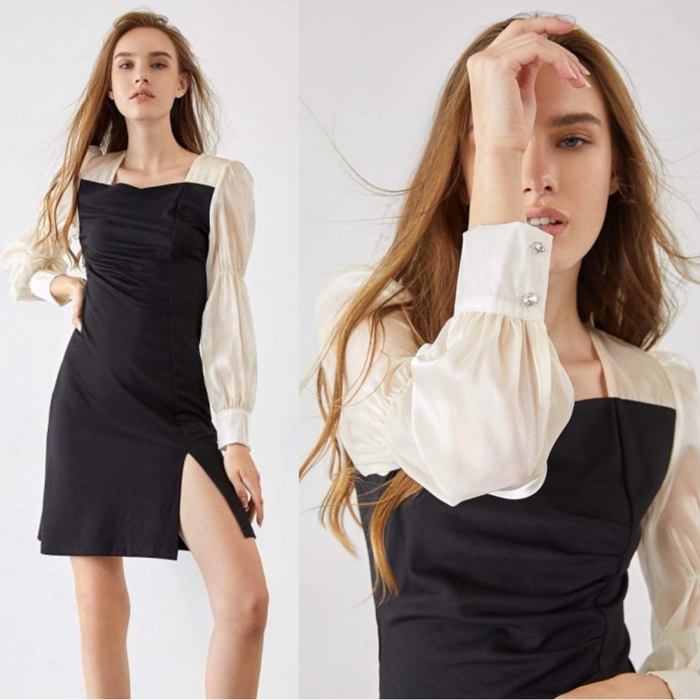 J.ING Black & White Shiny Iridescent Ivory Long Sleeve Ruched Dress Mini Dress M